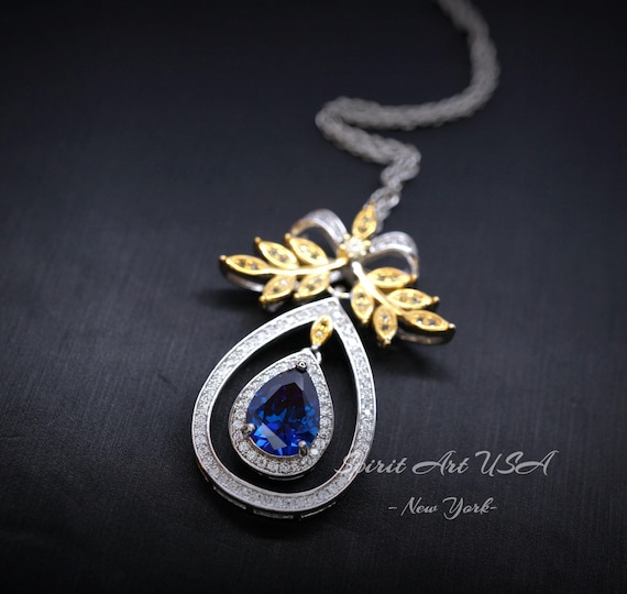 Teardrop Blue Sapphire Necklace Large Gold  the Tree Of Life Pendant 18KGP Sterling Silver olive branch Necklace Blue Sapphire Pendant  #859