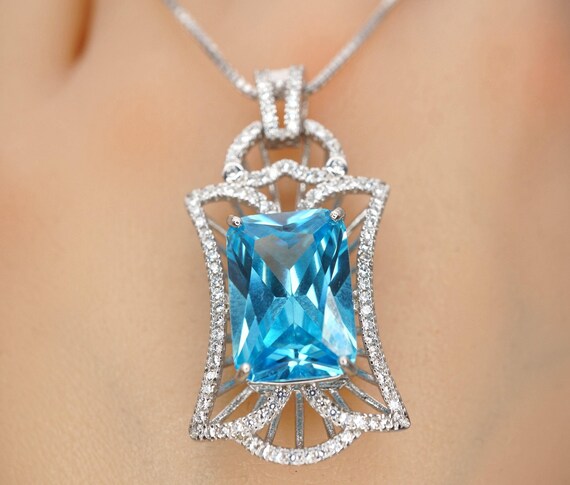 9 CT Blue Topaz Necklace - Gemstone Royal Flower Pendant - 18KGP @  Sterling Silver Radiant Rectangle Swiss Blue Topaz Jewelry #836