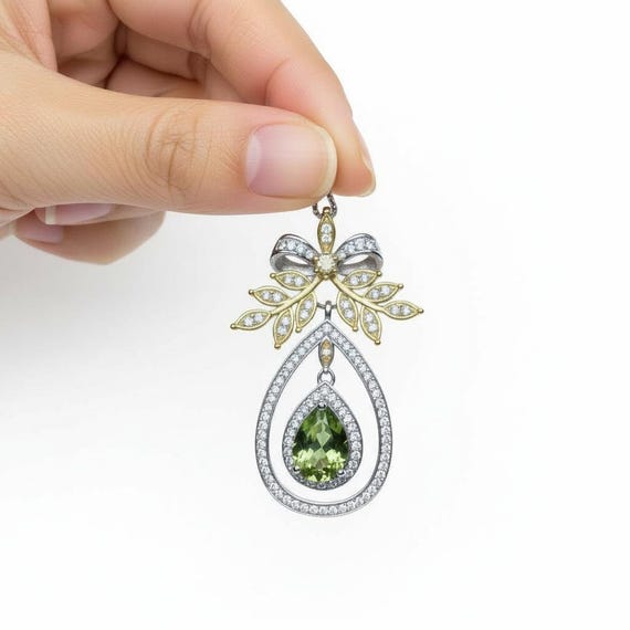 Teardrop Genuine Peridot Necklace The Tree Of Life Pendant 18KGP @ Sterling Silver Olive branch 2.5 Ct  Pear Cut Green Peridot Jewelry #862