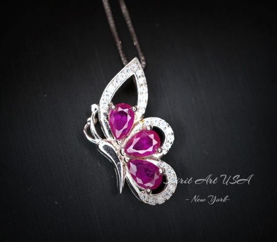 Sterling Silver Ruby Butterfly Necklace -  Dainty Ruby Pendant Jewelry - 18KGP @ Sterling Silver #618