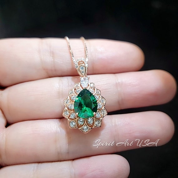 Lily Flower Emerald Necklace 18KRGP 