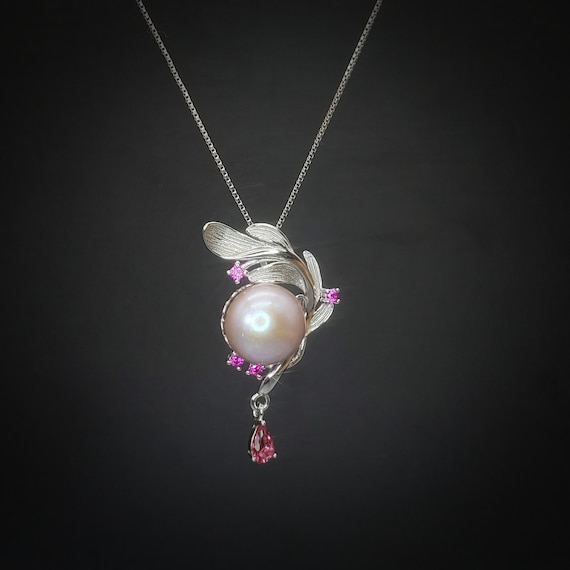 Pink Pearl Necklace Sterling Silver - Large 12mm Genuine Freshwater Pearl Leaf Leaves Ruby Feather Necklace 1100