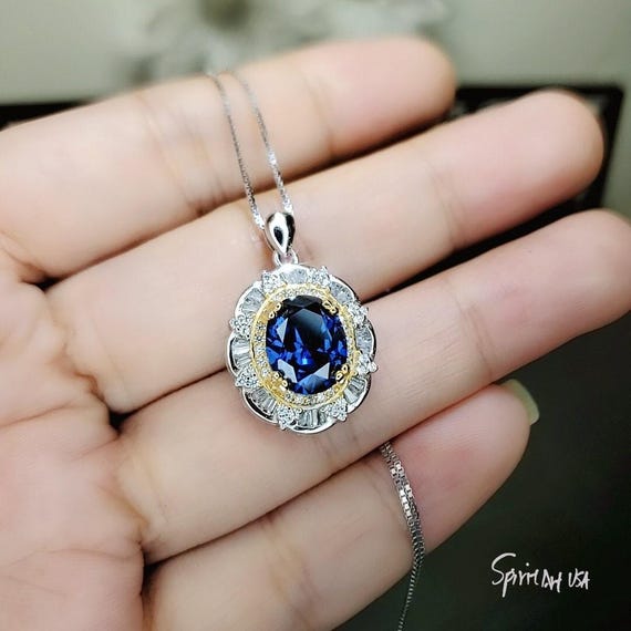 Royal Flower Blue Sapphire Necklace - Sterling Silver 3.5 CT Blue Sapphire Pendant - Large Diamond Flower Solitaire Blue Sapphire  1092