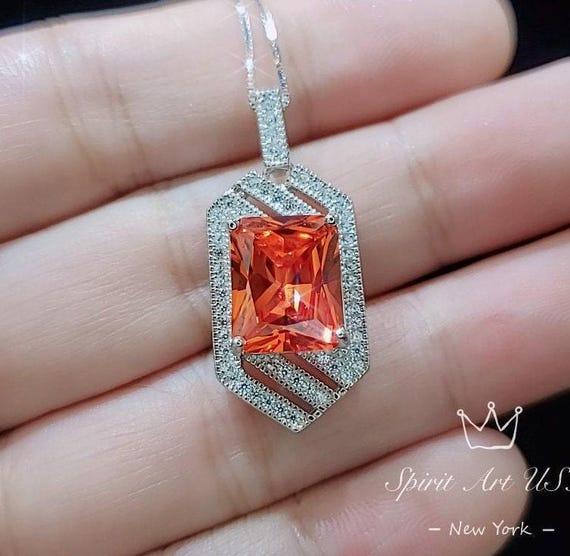 Spacecraft Style Sunstone Necklace - Rectangle Scissor Cut  - 4.5 CT Orange Sunstone Pendant -  White Gold coated Sterling Silver #1016