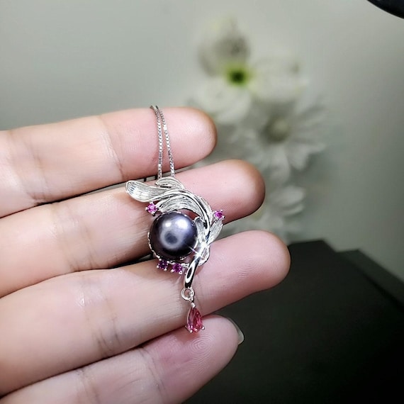 Genuine Black Pearl Necklace - 18kGP @ Sterling Silver Feather Necklace -  Leaf Pendant  Natural Black Pearl Jewelry 1084