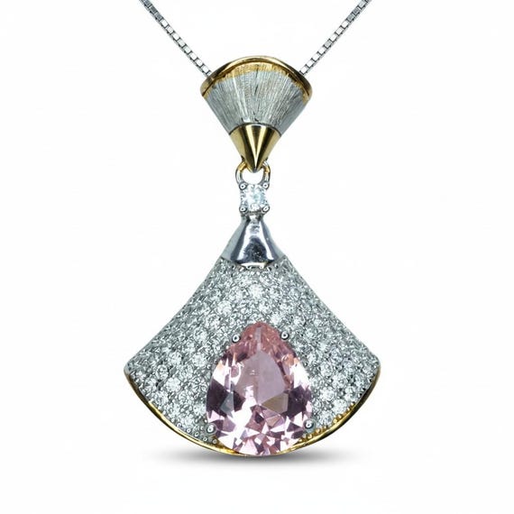 Morganite Necklace - Full Sterling Silver - White Gold coated -  Gemstone Drop 3 CT large Pink Morganite Jewelry #869