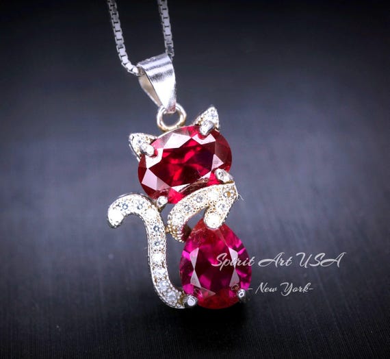 Ruby Necklace Sterling Silver Cat 1.5 Ct Kitty Sim Gemstone Red Pendant  18kgp July Birthstone Pet Lover Jewelry #211