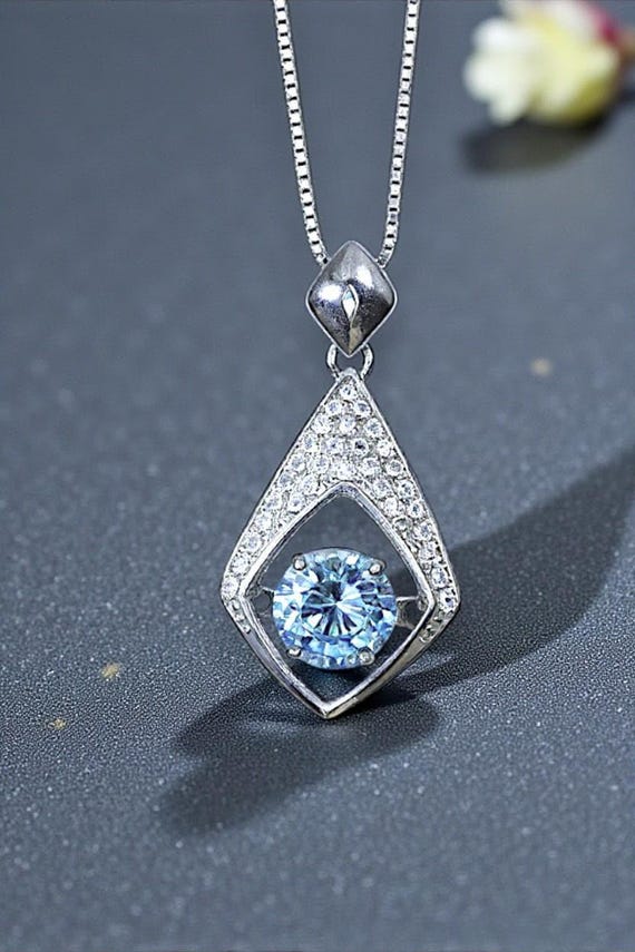 Dancing Aquamarine Necklace,   Blue Gemstone Pendant, Sterling Silver Rhombus Jewelry, March Birthstone Gift, Moving Stone Necklace 1142