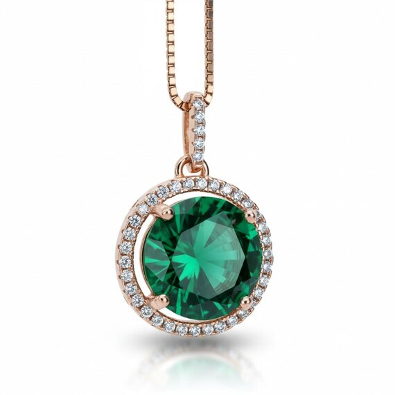Large Rose Gold Emerald Necklace - 4 CT Round Green Emerald Gemstone Pendant - Sterling Silver Circle Halo Green Gemstone Jewelry #444
