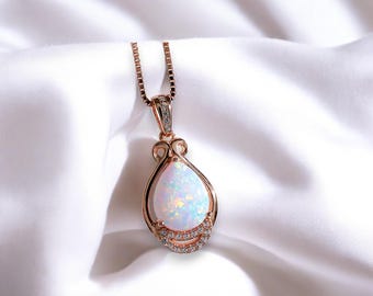 White Flash Opal Necklace - Rose Gold Sterling Silver Teardrop Opal Pendant -  High Quality Bridal Wedding Opal Jewelry #243
