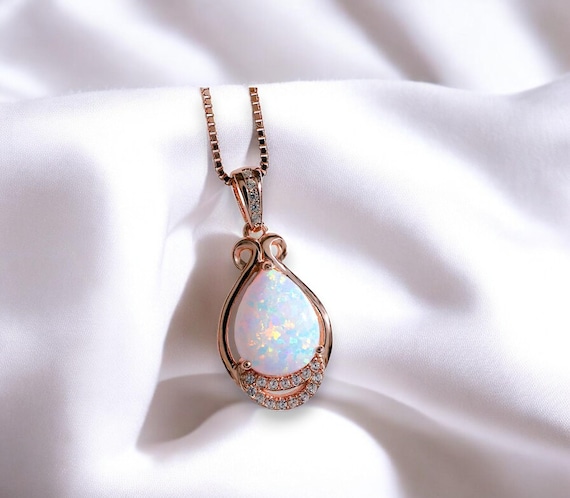 White Flash Opal Necklace - Rose Gold Sterling Silver Teardrop Opal Pendant -  High Quality Bridal Wedding Opal Jewelry #243