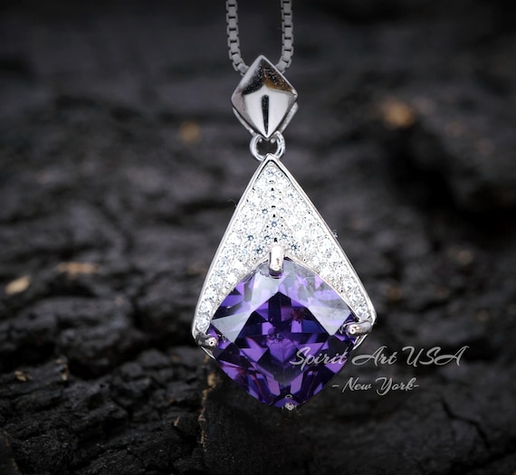 Rhombic synthetic Amethyst Necklace - 18KGP Full Sterling Silver - Diamond Cushion   Large Amethyst Pendant February Birthstone 1126