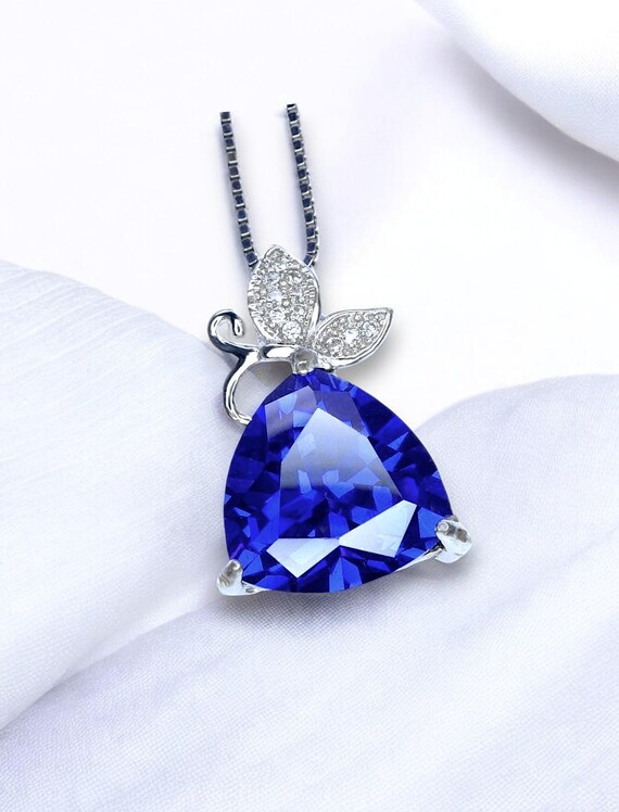 Tanzanite Necklace - 18KGP @ Sterling Silver - Trillion Cut 6ct Tanzanite Pendant -  Butterfly Triangle Large Lab Blue Gemstone Jewelry #926