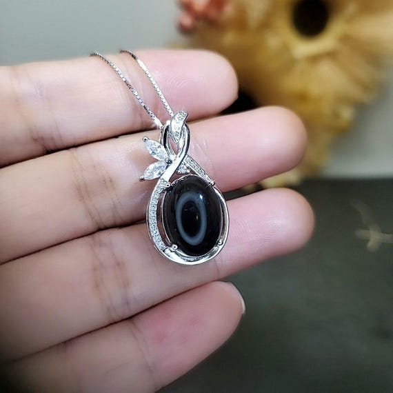 Large Black Onyx  Necklace - Natural Black Agate Protective High Frequency Energy Leaf Jewelry Diamond Flower  Sterling Silver 1039