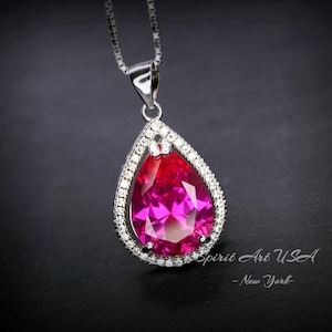 Large Teardrop Pink Sapphire Necklace - Sterling Silver Fuchsia Large 5 CT Pink Sapphire Pendant - White Gold Fuchsia Gemstone Jewelry #746