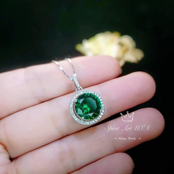 Large Gemstone Halo Emerald Necklace - 4 CT Round Green Emerald  Pendant - Sterling Silver Circle Green Gemstone Jewelry #447