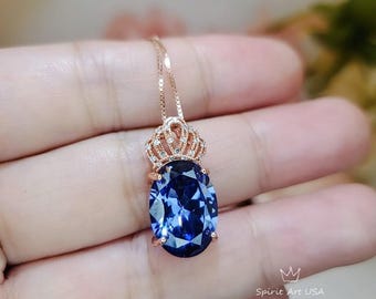 Large Oval Blue Tanzanite Necklace Gemstone Crown 6 CT  Energic Tanzanite Pendant Sterling Silver Rose Gold Coated #812