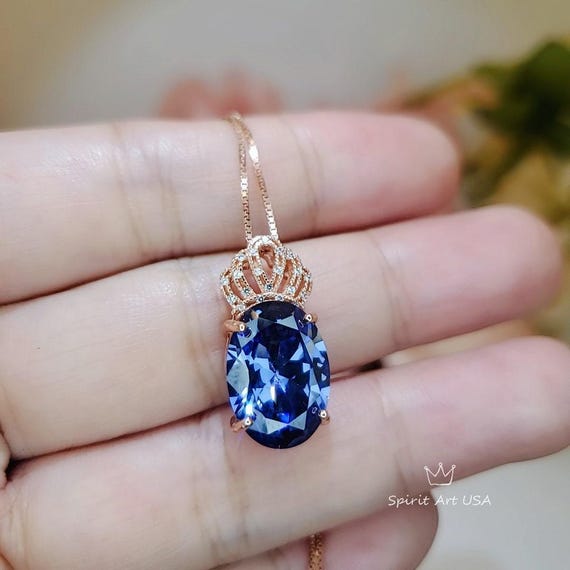 Large Oval Blue Tanzanite Necklace Gemstone Crown 6 CT  Energic Tanzanite Pendant Sterling Silver Rose Gold Coated #812