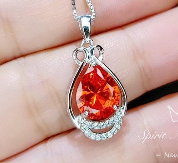 Teardrop Sunstone Necklace  - High Quality  Sterling Silver 2.5 CT Red Orange Spessartite Garnet Pendant #446