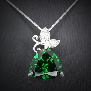 Large Trillion Emerald Necklace - Sterling Silver Butterfly Bail Necklace - Large 6 ct May Birthstone - Triangle Green Emerald Jewelry #635