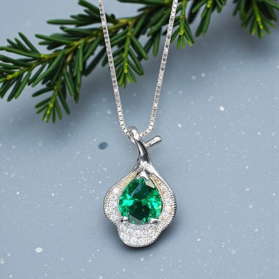 Emerald Necklace, Green Emerald Pendant, Teardrop Gemstone Necklace in White Gold Over Silver, May Birthstone Gift,  Chain #1141