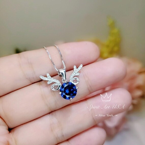 Blue Sapphire Necklace -  18KGP @ Sterling Silver - 2 CT Blue Sapphire Pendant - Gemstone Antler Deer Jewelry #340