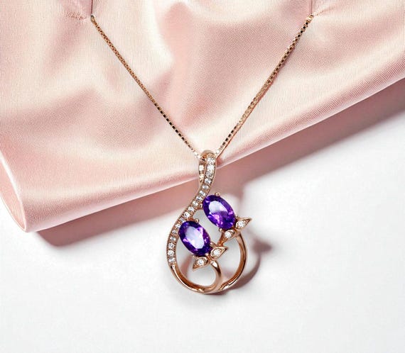 Genuine Amethyst Necklace, Floral Style - 18kgp @ Sterling Silver - Natural Lanvnder Amethyst Jewelry, Crystal Yoga Pendant Rose gold style