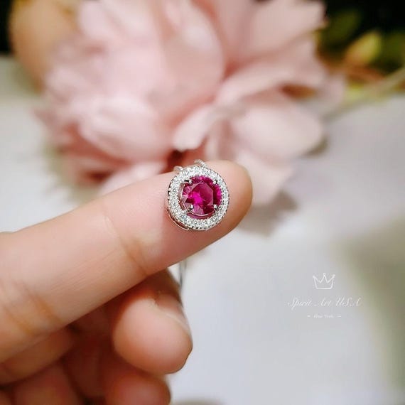 Tiny Red Ruby Necklace Sterling Silver -  July Birthstone Mini Round Ruby Choker - 925 Minimalist Box Chain Luck Circle Gemstone Pendant 042