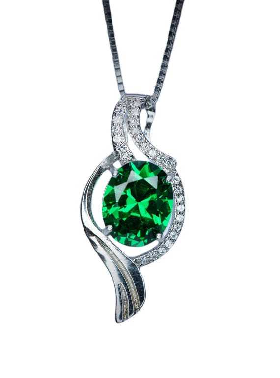 Large Gemstone Wave Emerald Necklace White Gold coated Sterling Silver 2.8 CT Green Oval Emerald Pendant  #611