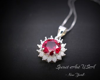 Red Ruby Necklace Sterling Silver - 8mm 2 CT Ruby Pendant - July Birthstone Princess Diana Style -  Solitaire Round Gemstone Necklace #124