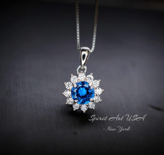 Minimalist Sapphire Necklace Diamond Sterling Silver Sunflower 6mm 0.85 CT Blue Gemstone September Birthstone 067