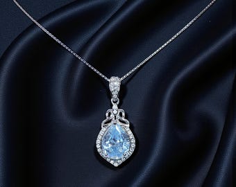 Aquamarine Necklace - 18KGP @ Sterling Silver Blue Aquamarine Pendant -  Mini Teardrop Blue Gemstone March Birthstone #297