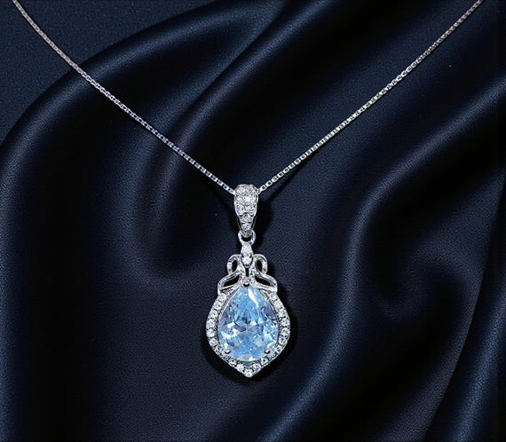 Aquamarine Necklace - 18KGP @ Sterling Silver Blue Aquamarine Pendant -  Mini Teardrop Blue Gemstone March Birthstone #297