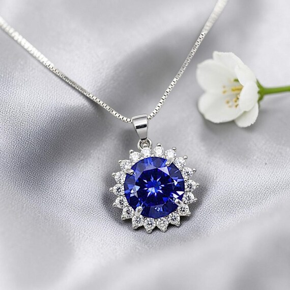 10mm 3 ct Tanzanite Necklace - Princess Diana Sunflower Simple Solitaire Halo - Lab Created Energic Blue Tanzanite Pendant #505