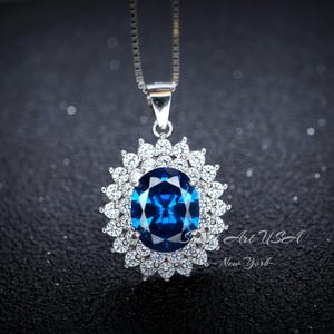 Large Blue Sapphire Necklace - 2.8 CT Double Halo Gemstone Blue Sapphire Pendant  - September Birthstone - Jewelry #646