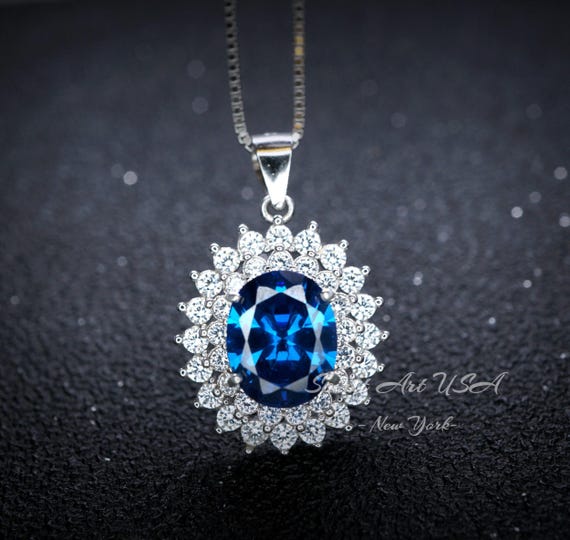 Large Blue Sapphire Necklace - 2.8 CT Double Halo Gemstone Blue Sapphire Pendant  - September Birthstone - Jewelry #646