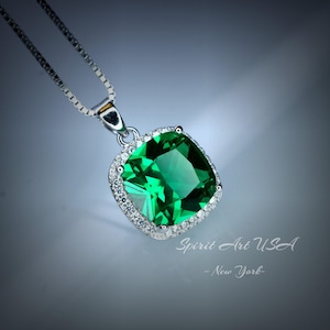 Large Emerald Necklace - Sterling Silver Square 10 mm lab created Green Emerald Pendant - May Birthstone 18KGP #958
