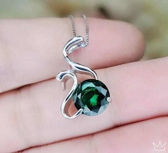 8mm Emerald Necklace - 18KGP Sterling Silver - Swan Pendant - May Birthstone Luxury Simple Emerald Jewelry - Swan Necklace 1072