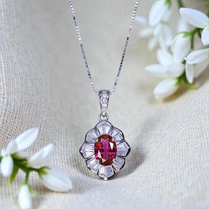 Lab Created Ruby Flower Necklace, 18k White Gold over Silver, Red Gemstone Floral Pendant, July Birthstone   Chain 1146