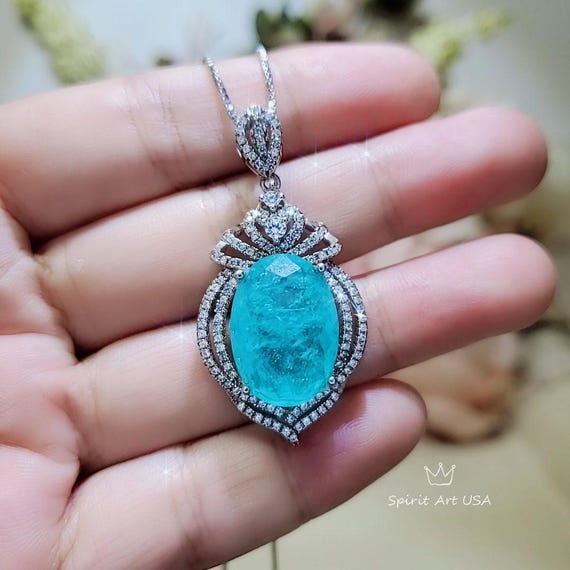 Paraiba Necklace Sterling Silver  14 CT Blue Paraiba Tourmaline Necklace Gemstone Royal Crown Flower  Blue Gemstone Jewelry #977