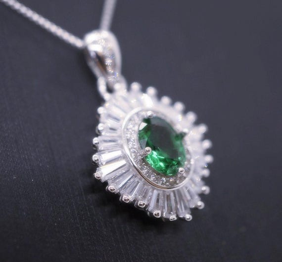 Gemstone Emerald Necklace White Gold plated Sterling Silver Green Gemstone Pendant Double Surround Star  Dainty May Birthstone #960