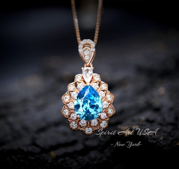 Teardrop Blue Topaz Necklace - Rose Gold Sterling Silver - 2.8 CT Double Halo Swiss Blue Topaz Pendant -  Layered Lily Flower Jewelry #765