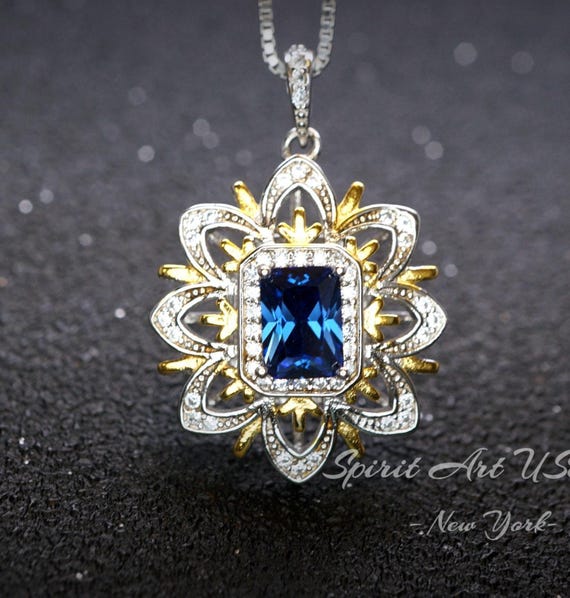 Spirit Flower Blue Sapphire Necklace - Sterling Silver - Rectangle Sapphire Pendant - September Birthstone Goddess Athena Necklace  #673