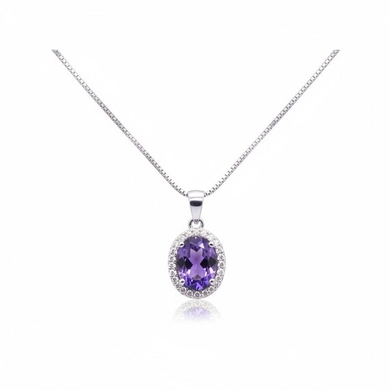 Sterling Silver Halo Natural Amethyst Necklace - Crown Chakra Healing Genuine Salitaire Oval Amethyst Pendant 1080