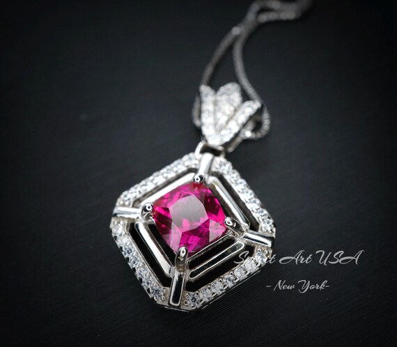 Gemstone Square Ruby Necklace White Gold coated Sterling Silver Tiny Lab Created Energic 1.5 CT Red Ruby Pendant Royal Square Jewelry #169