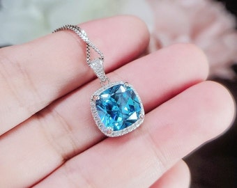 Topaz Necklace -  Sterling Silver Cushion Square Large 6 CT Blue Topaz Jewelry #542