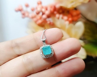 Blue Tourmaline Necklace, Paraiba Necklace -Minimalist Square  Sterling Silver Tiny Blue Paraiba Tourmaline Pendant #003