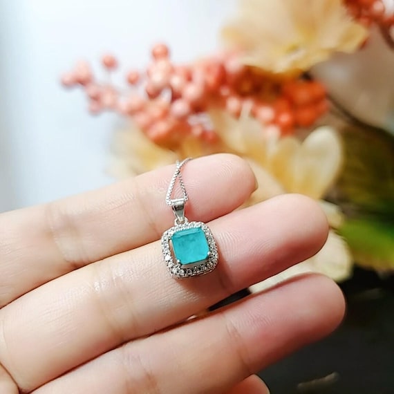 Blue Tourmaline Necklace, Paraiba Necklace -Minimalist Square  Sterling Silver Tiny Blue Paraiba Tourmaline Pendant #003