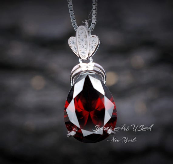 Large Teardrop Garnet Necklace - Sterling Silver Gemstone Royal   Pear Lab Created Deep Orange Red Garnet Pendant Jewelry 6.5 CT #667