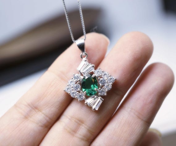 Emerald Necklace Sterling Silver Square Green emerald pendant May birthstone  1026